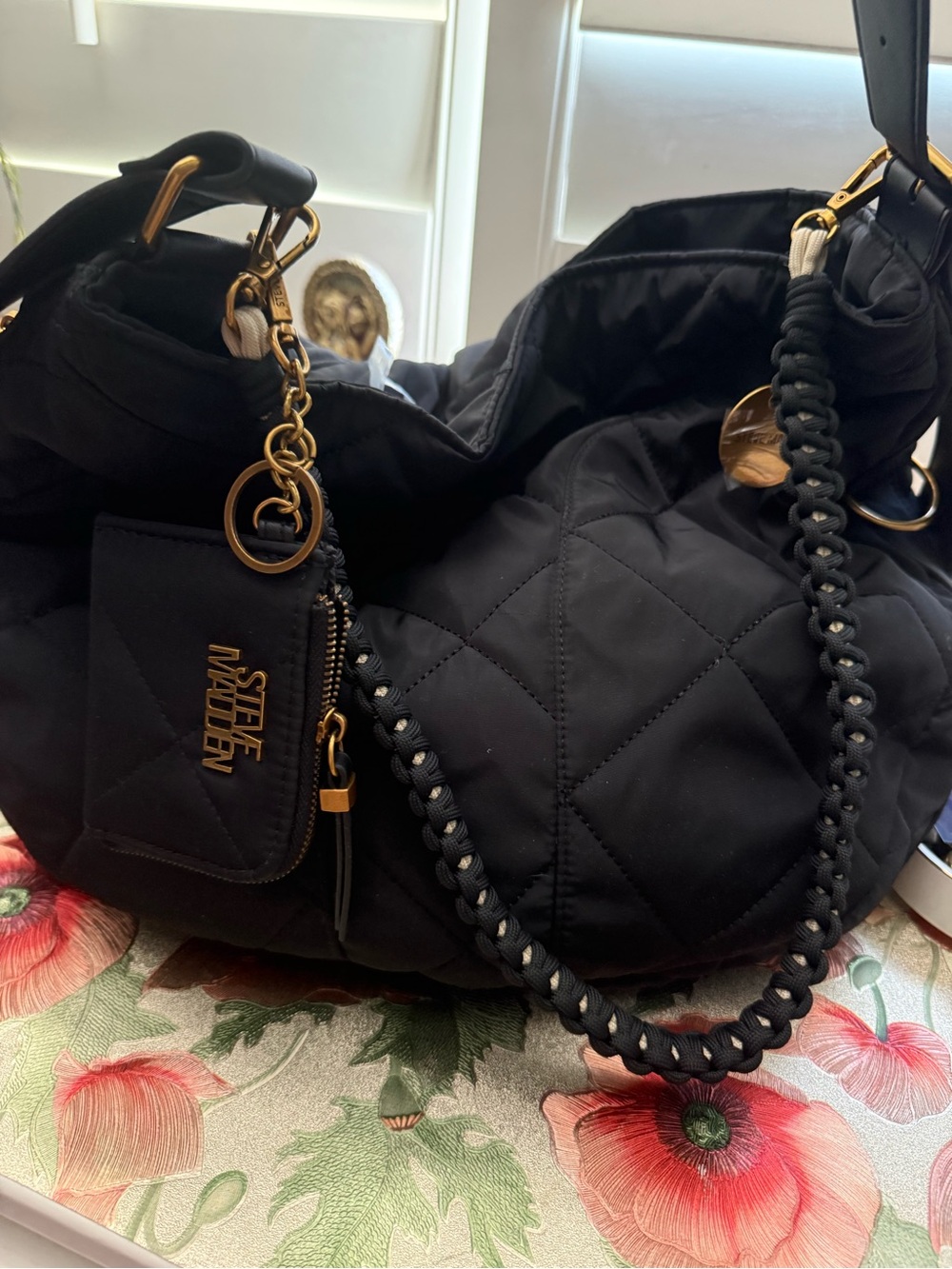Steve Madden Black Quilted Hobo Bag with Braided Strap and Gold Hardware